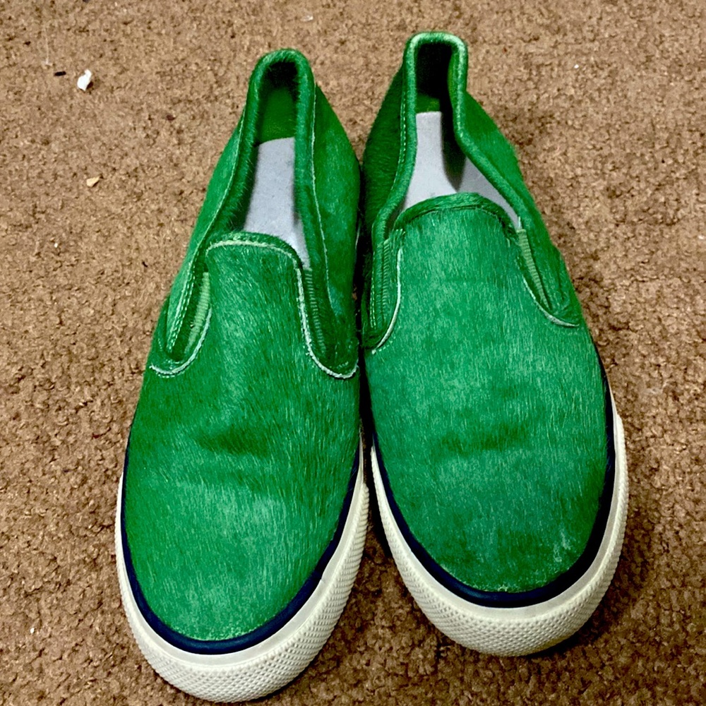 Sperry Top Sider Jeffrey green calf hair slip ons round toe